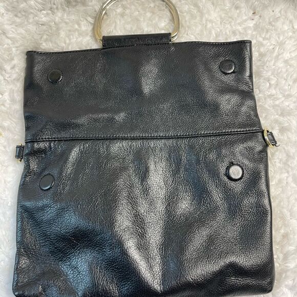 CYNTHIA ROWLEY BLACK LEATHER CONVERTIBLE FOLD-OVER SATCHEL TOTE . - Picture 7 of 12